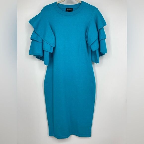 Ashro Turquoise Bodycon Knit Dress Size M - Picture 1 of 5